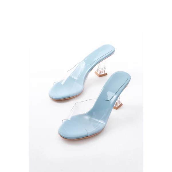 S-619 Bebe Mavi Rugan Şeffaf Bantlı Şeffaf Topuklu Yuvarlak Burunlu Kadın Terlik