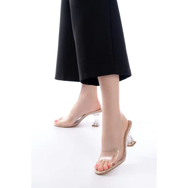 S-619 Bej Rugan Şeffaf Bantlı Şeffaf Topuklu Yuvarlak Burunlu Kadın Terlik