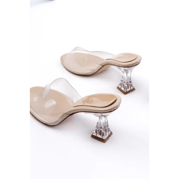 S-619 Bej Rugan Şeffaf Bantlı Şeffaf Topuklu Yuvarlak Burunlu Kadın Terlik