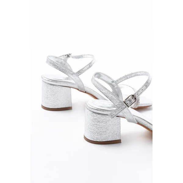 S-890 Gümüş Çift Bantlı Taşlı Kalın Topuklu Kadın Ayakkabı