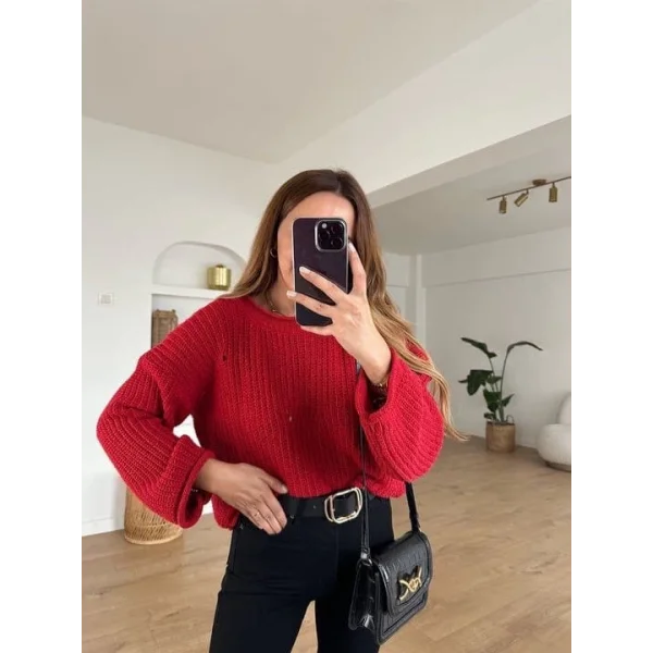 Salaş delik detaylı kazak kırmızı