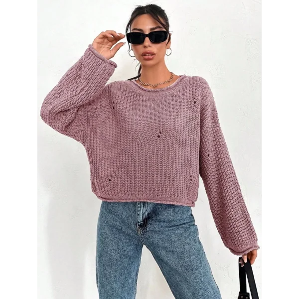 Salaş delik detaylı kazak pembe