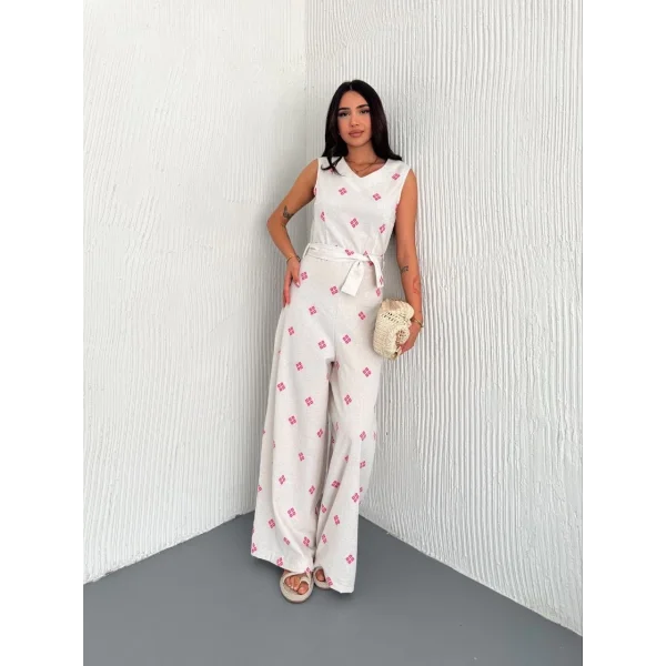 Sırt dekolteli keten beyaz tulum S1036