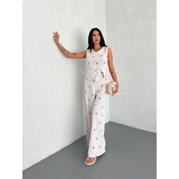 Sırt dekolteli keten beyaz tulum S1036