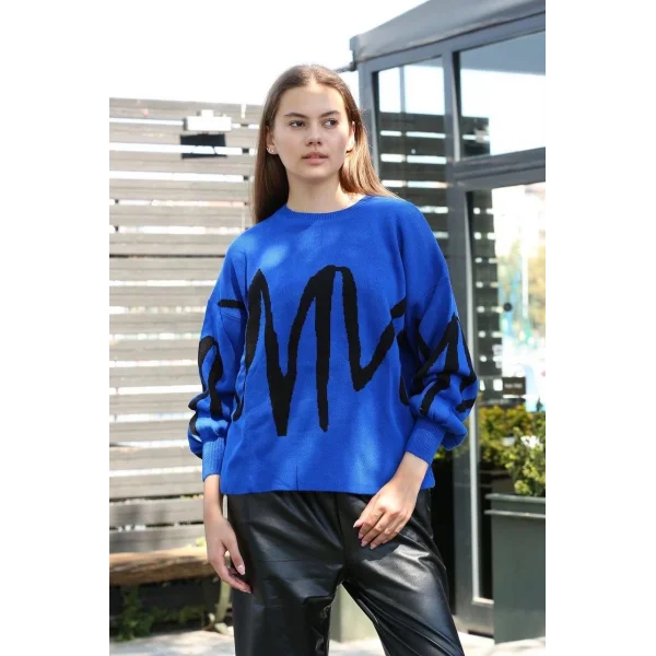 Siyah çizgili bisiklet yaka kazak Saks