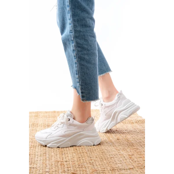 SP-149 Beyaz Gümüş Bağcıklı Fileli Günlük Spor Ayakkabı