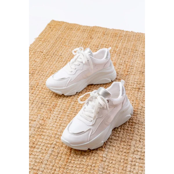 SP-149 Beyaz Gümüş Bağcıklı Fileli Günlük Spor Ayakkabı