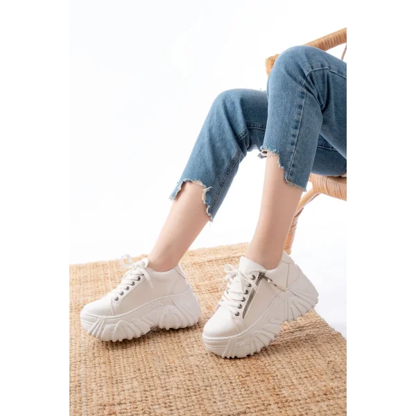 SP-156 Beyaz Bağcıklı Fermuarlı Yüksek Taban Günlük Spor Ayakkabı