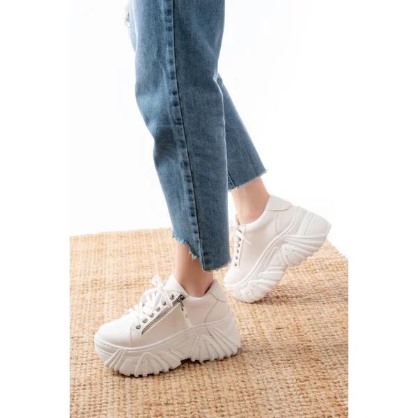 SP-156 Beyaz Bağcıklı Fermuarlı Yüksek Taban Günlük Spor Ayakkabı