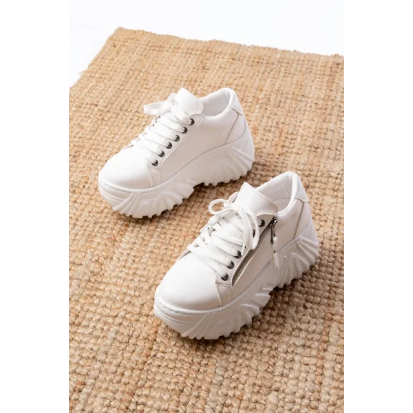 SP-156 Beyaz Bağcıklı Fermuarlı Yüksek Taban Günlük Spor Ayakkabı