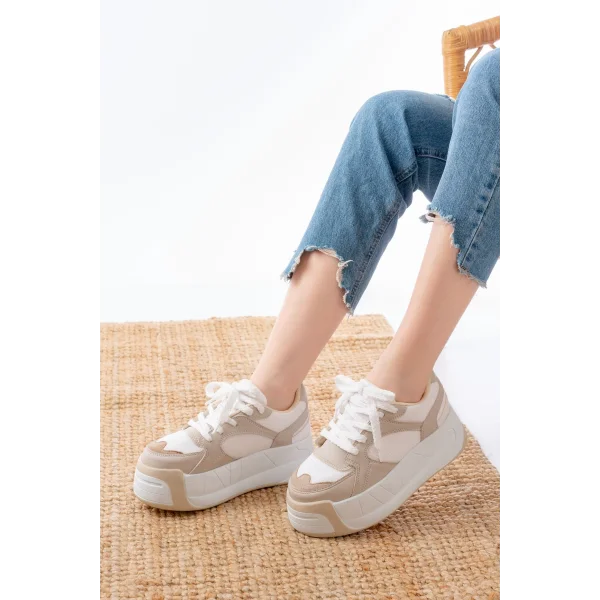 SP-190 Bej Garni Bağcıklı Fileli Yüksek Taban Günlük Spor Ayakkabı