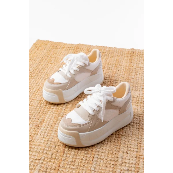 SP-190 Bej Garni Bağcıklı Fileli Yüksek Taban Günlük Spor Ayakkabı