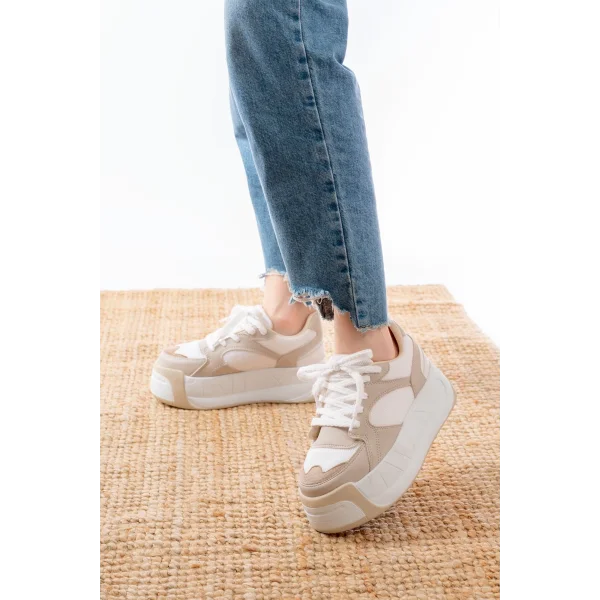 SP-190 Bej Garni Bağcıklı Fileli Yüksek Taban Günlük Spor Ayakkabı
