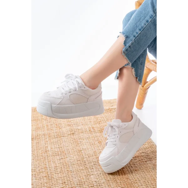 SP-190 Beyaz Garni Bağcıklı Fileli Yüksek Taban Günlük Spor Ayakkabı