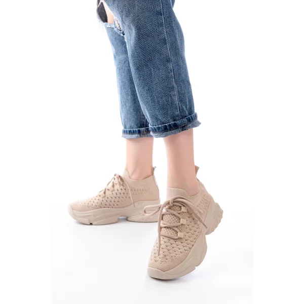 SP-2024 Bej Günlük Bağcıklı Fileli Taş Aksesuarlı Kadın Spor Ayakkabı