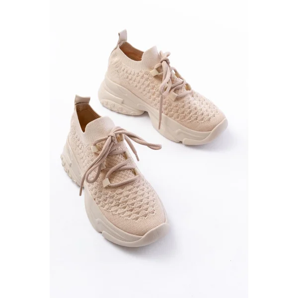 SP-2024 Bej Günlük Bağcıklı Fileli Taş Aksesuarlı Kadın Spor Ayakkabı