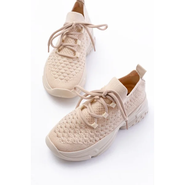 SP-2024 Bej Günlük Bağcıklı Fileli Taş Aksesuarlı Kadın Spor Ayakkabı