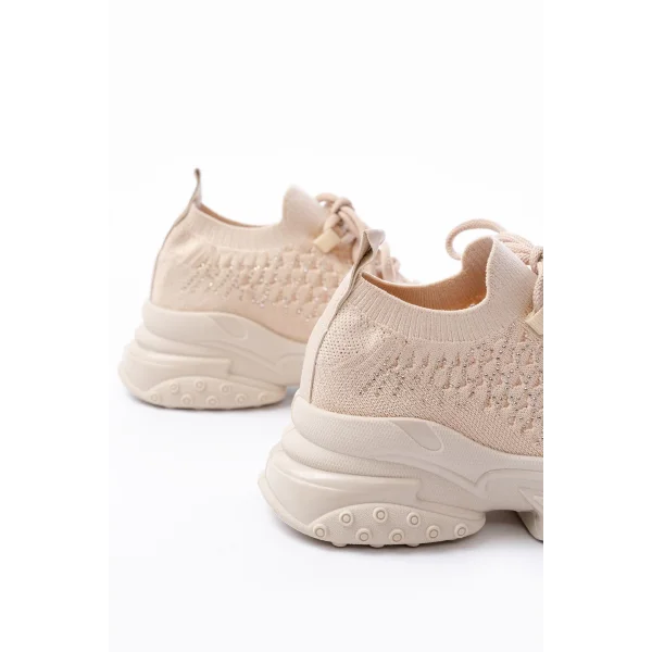 SP-2024 Bej Günlük Bağcıklı Fileli Taş Aksesuarlı Kadın Spor Ayakkabı