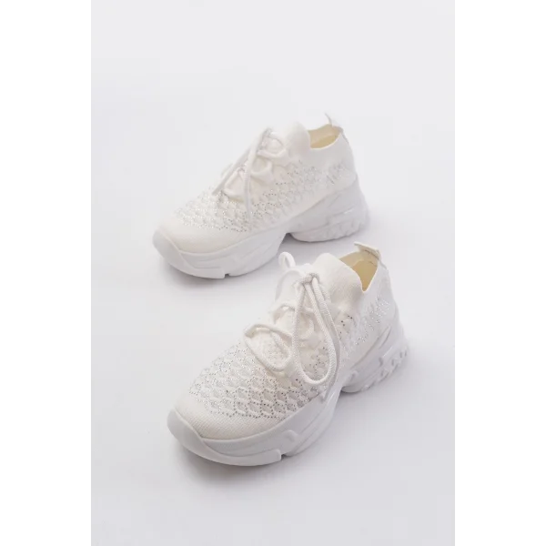 SP-2024 Beyaz Günlük Bağcıklı Fileli Taş Aksesuarlı Kadın Spor Ayakkabı