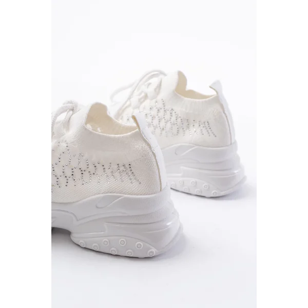 SP-2024 Beyaz Günlük Bağcıklı Fileli Taş Aksesuarlı Kadın Spor Ayakkabı