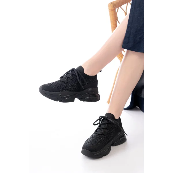 SP-2024 Siyah Günlük Bağcıklı Fileli Taş Aksesuarlı Kadın Spor Ayakkabı