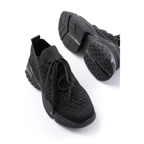 SP-2024 Siyah Günlük Bağcıklı Fileli Taş Aksesuarlı Kadın Spor Ayakkabı