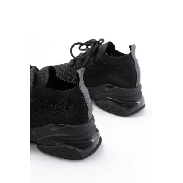 SP-2024 Siyah Günlük Bağcıklı Fileli Taş Aksesuarlı Kadın Spor Ayakkabı