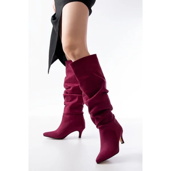 SR-2001 Bordo Süet İnce Topuklu Günlük Bayan Çizme