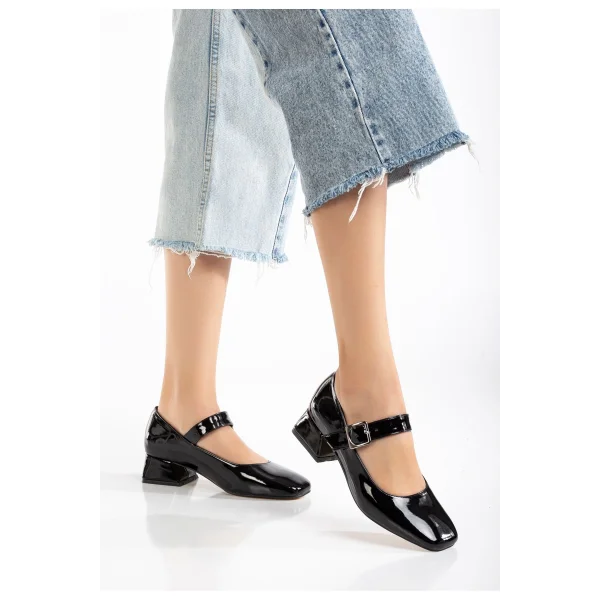 ST-006 Siyah Rugan Günlük 4 cm Topuklu Bayan Ayakkabı