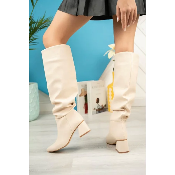 SYT-2002 Bej Körüklü Kalın Topuklu Günlük Bayan Çizme