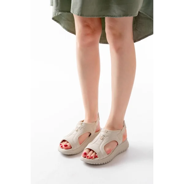 T-221 Bej  Spring Paraşüt Kumaş Lastikli Ortopedik Kadın Sandalet