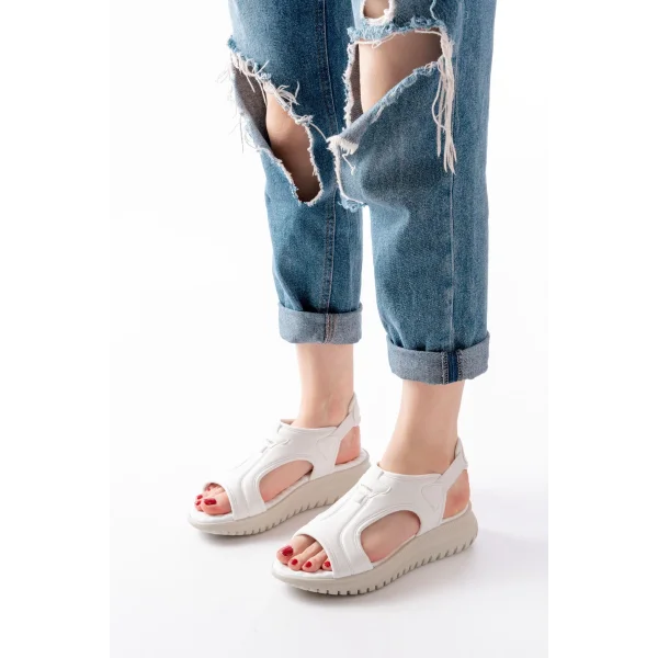 T-221 Beyaz  Spring Paraşüt Kumaş Lastikli Ortopedik Kadın Sandalet