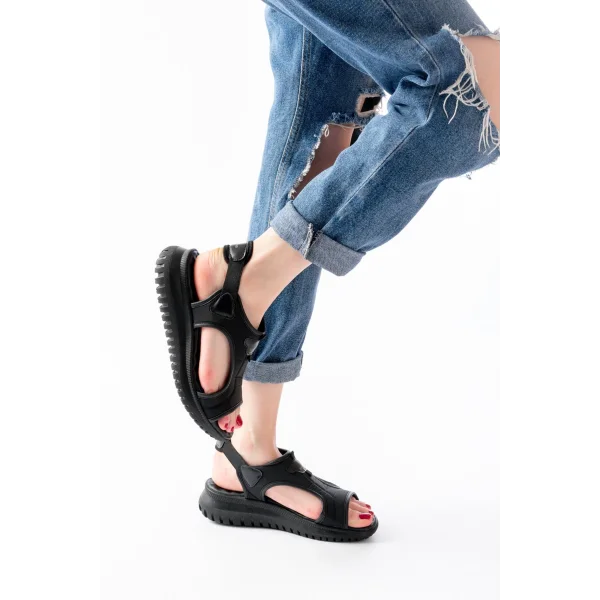 T-221 Siyah Spring Paraşüt Kumaş Lastikli Ortopedik Kadın Sandalet