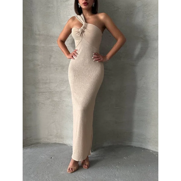 Tek omuz pliseli elbise