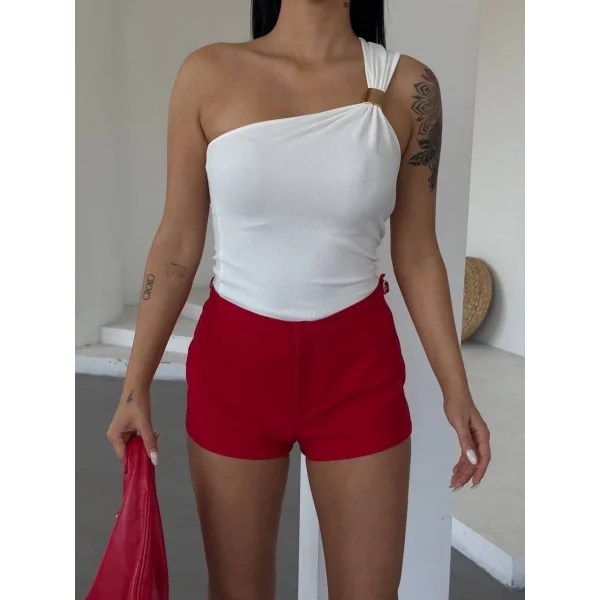 Tek omuzlu Otoman kumaş gold metal detaylı bluz s2311