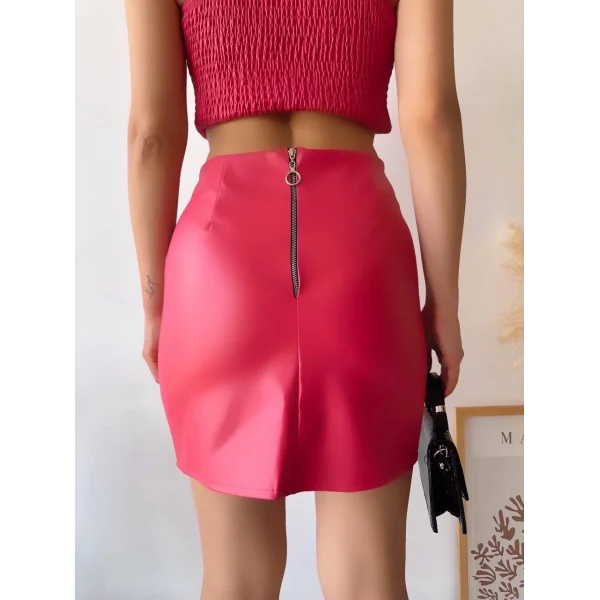 Tek yırtmaçlı arkadan fermuarlı deri etek fuşya s24475
