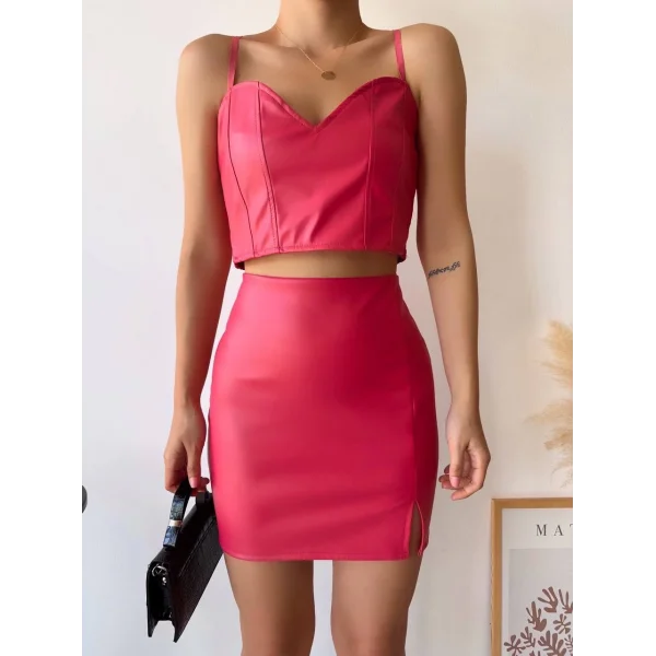 Tek yırtmaçlı arkadan fermuarlı deri etek fuşya s24475