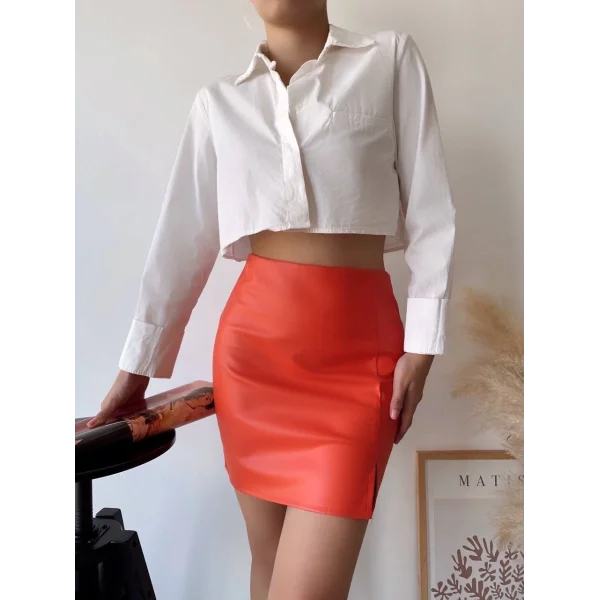 Tek yırtmaçlı arkadan fermuarlı deri etek turuncu s24475