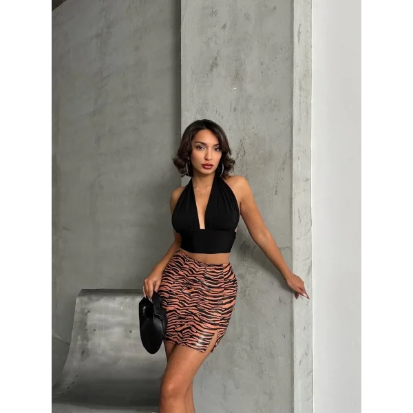 Tek yırtmaçlı zebra desenli deri etek kahvesiyah w24475-S