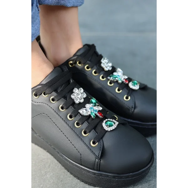 Tenya Siyah Cilt Taşlı Bağcıklı Spor Ayakkabı