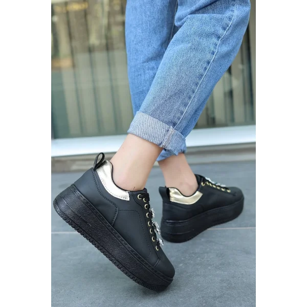 Tenya Siyah Cilt Taşlı Bağcıklı Spor Ayakkabı