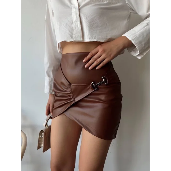 Tokalı deri etek kahve s240097