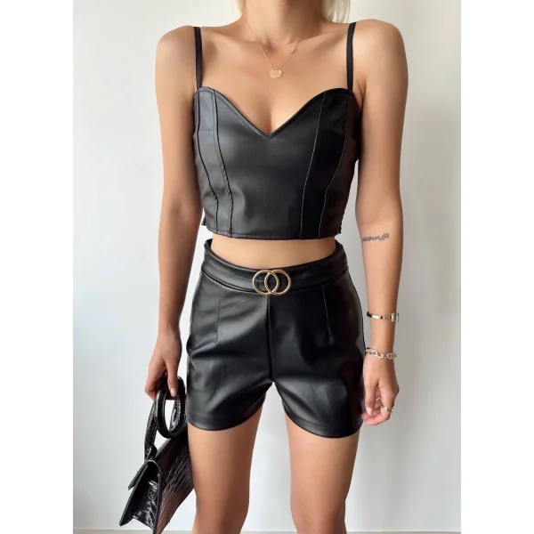 Tokalı deri şort siyah s24444