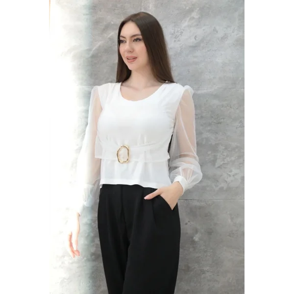 Tokalı tül kollu bluz beyaz t4071