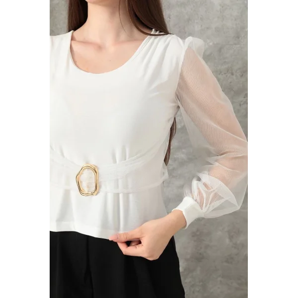 Tokalı tül kollu bluz beyaz t4071