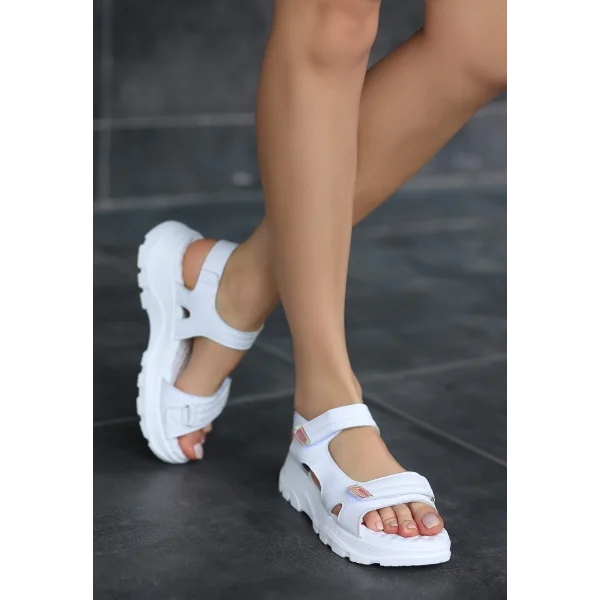 Trita Beyaz Cilt Cırt Cırtlı Sandalet