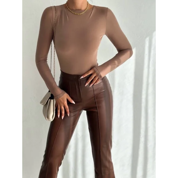 Tül kollu bluz vizon f2252