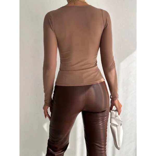 Tül kollu bluz vizon f2252