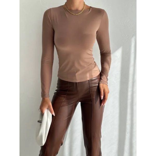 Tül kollu bluz vizon f2252