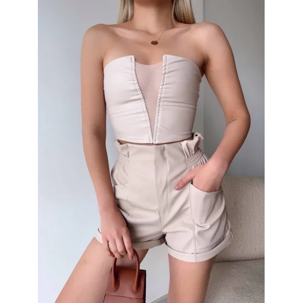 Tüllü deri crop bej w24615